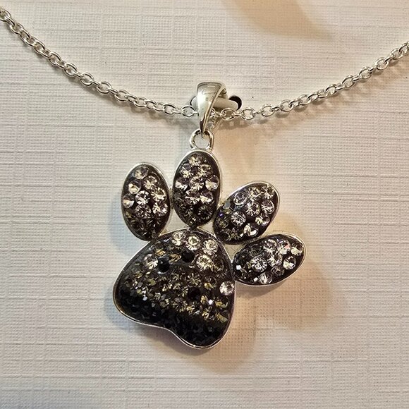 Silver Brass Crystal Pendant - Paw Print - Black, Gray, Silver Crystals - Picture 2 of 5